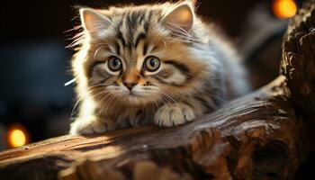carino gattino seduta all'aperto, fissando a telecamera con curiosità generato di ai foto