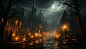 spaventoso Halloween notte, buio orrore, mistero all'aperto, nebbioso vecchio paura generato di ai foto