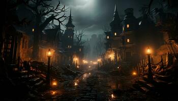 spaventoso Halloween notte, buio mistero circonda vecchio lapide architettura generato di ai foto
