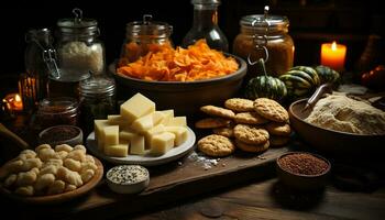 rustico tavolo, fatti in casa pane, biologico ingredienti, salutare mangiare, autunno freschezza generato di ai foto
