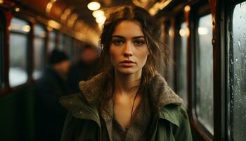 giovane donna guardare a telecamera, fiducioso, in piedi nel metropolitana generato di ai foto