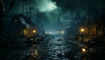 spaventoso vecchio foresta, buio mistero, abbandonato lanterna, Halloween orrore generato di ai foto