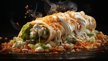 grigliato Manzo taco, fresco la verdura, fatti in casa guacamole, pronto per mangiare pasto generato di ai foto