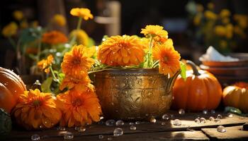 un' fresco autunno mazzo di girasoli e crisantemi nel un' vaso generato di ai foto