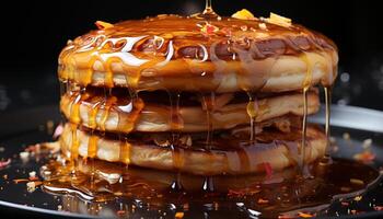 appena cucinato pancake pila con cioccolato sciroppo e fragola decorazione generato di ai foto