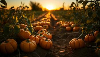 un' vivace autunno tramonto si illumina un' spaventoso Halloween zucca lanterna generato di ai foto