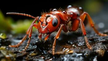 vicino su di un' piccolo formica su un' verde foglia nel natura generato di ai foto