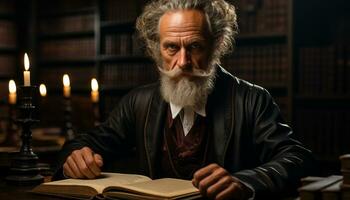 un' saggio anziano uomo lettura il Bibbia nel un' silenzioso biblioteca generato di ai foto