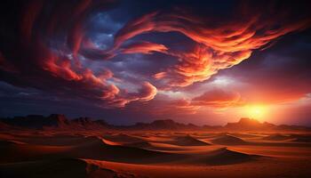 maestoso tramonto al di sopra di sabbia dune, natura bellezza nel panoramico Visualizza generato di ai foto