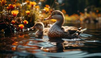 un' bellissimo mallardo anatra ciarlatani di il tranquillo stagno nel natura generato di ai foto