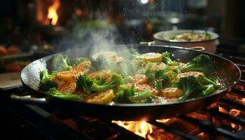 grigliato buongustaio pasto, cucinato all'aperto su barbecue, con fresco verdure generato di ai foto