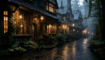 spaventoso vecchio lanterna si illumina antico Gotico strada nel buio notte generato di ai foto