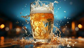 scrosciante liquido in un' bicchiere, festeggiare con rinfrescante giallo birra generato di ai foto