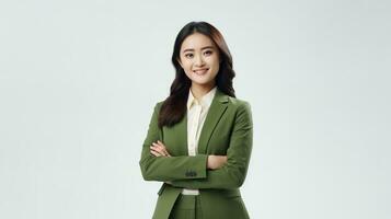 asiatico attività commerciale donna sorridente nel ufficio. ai generativo foto