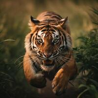 dettagliato ritratto di il tigre animale in esecuzione, predando, inseguendo, generativo ai foto