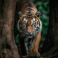 dettagliato vicino su ritratto di tigre animale nel giungla cespugli, generativo aii foto