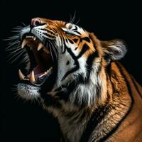 dettagliato vicino su ritratto di ruggente tigre animale su nero sfondo, generativo ai foto