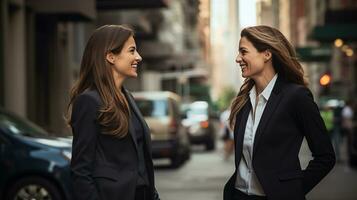 Due donne nel attività commerciale abbigliamento parlando su un' città strada. ai generativo foto