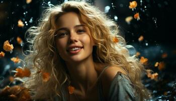 sorridente giovane donna, bellezza nel natura, godendo autunno allegro eleganza generato di ai foto