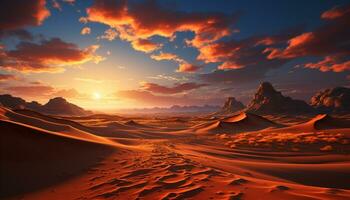 sabbia duna paesaggio a tramonto, all'aperto, con nube pieno cielo generato di ai foto