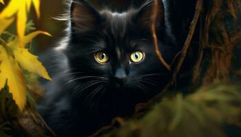 carino gattino seduta su erba, fissando a telecamera scherzosamente generato di ai foto