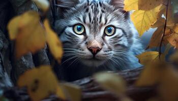 carino gattino seduta nel autunno foresta, guardare a telecamera generato di ai foto