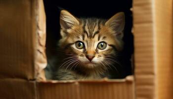carino gattino nascondersi, sbirciando fuori, fissando con curioso occhi generato di ai foto