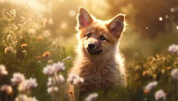 carino cucciolo giocando nel il erba, guardare a telecamera generato di ai foto