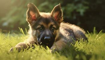 carino cucciolo giocando nel il erba, godendo il all'aperto generato di ai foto