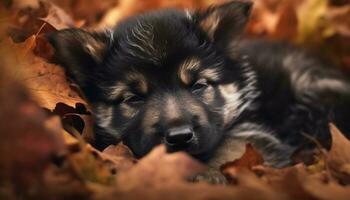 carino cucciolo giocando nel il autunno erba, di razza e soffice generato di ai foto