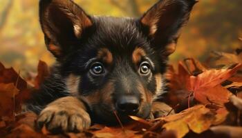 carino cucciolo seduta nel autunno foresta, guardare a telecamera generato di ai foto