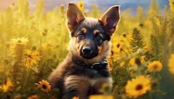 carino cucciolo seduta su erba, guardare a telecamera generato di ai foto