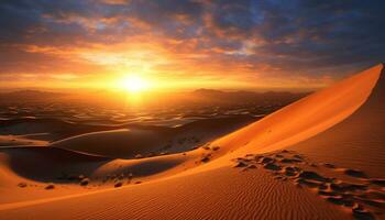tramonto al di sopra di il arido africano paesaggio, un' maestoso natura selvaggia generato di ai foto