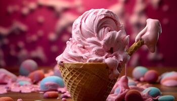 rosa ghiaccio crema cono con cioccolato e fragola decorazioni generato di ai foto