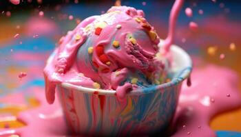 Multi colorato ghiaccio crema coppa di gelato, un' dolce estate celebrazione generato di ai foto