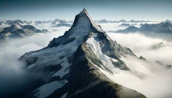 maestoso montagna picco, neve coperto paesaggio, panoramico bellezza nel natura generato di ai foto