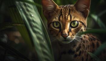 carino felino gattino seduta all'aperto, fissando con curioso a strisce occhi generato di ai foto