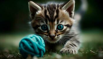 carino gattino giocando con giocattolo, fissando con curiosità, affascinante natura generato di ai foto