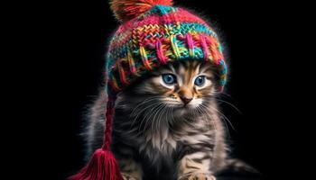 carino gattino nel un' maglia cappello, guardare a telecamera scherzosamente generato di ai foto