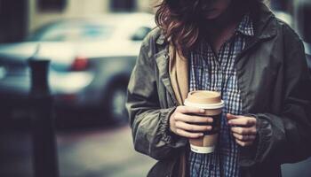 giovane donna godendo un' caffè rompere all'aperto nel il città generato di ai foto