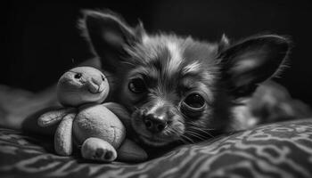 carino piccolo cucciolo, nero e bianca, seduta su un' letto generato di ai foto