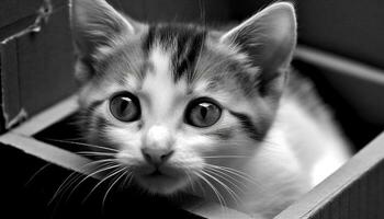 carino gattino seduta, fissando, giocoso, soffice, a strisce, morbidezza, bellezza generato di ai foto