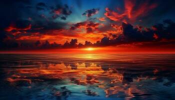 tramonto al di sopra di il tranquillo mare, un' vivace arancia e blu generato di ai foto