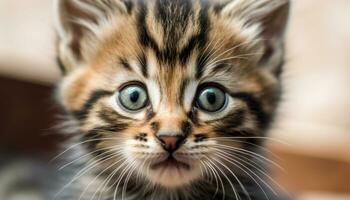 carino gattino con a strisce pelliccia, fissando con giocoso curiosità generato di ai foto