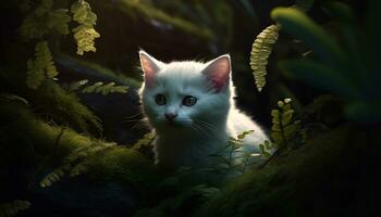 carino gattino seduta all'aperto, fissando a telecamera con bellissimo blu occhi generato di ai foto