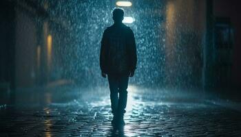 a piedi uomo d'affari nel il piovere, solo nel il città a notte generato di ai foto