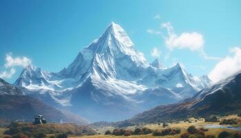 maestoso montagna picco, neve coperto, circondato di panoramico autunno paesaggio generato di ai foto
