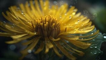 vivace giallo dente di leone fiorire nel bagnato prato, circondato di verde generato di ai foto