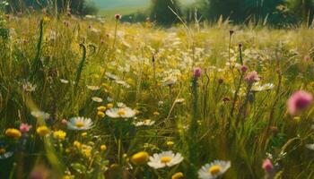 vivace giallo margherite fioritura nel un' tranquillo prato sotto il sole generato di ai foto