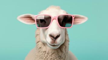 ritratto di divertente pecora con occhiali da sole. divertente animale concetto foto